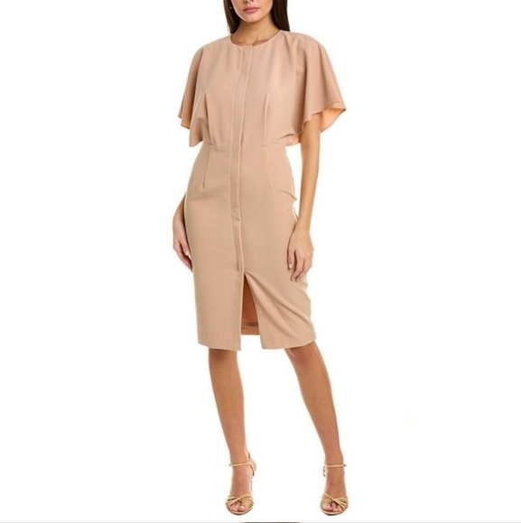 Nwt Black Halo Tan Nude‎ Holland Flutter Sleeve Sheath Midi Dress 2 - Picture 1 of 7